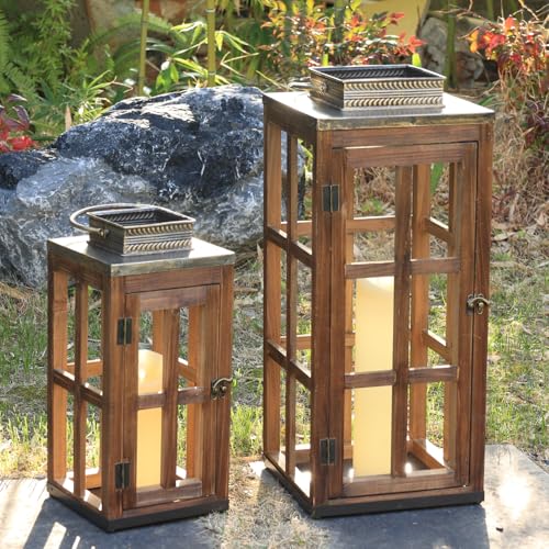 Large Farmhouse Wooden Metal Lantern Set of 2, 28''/20'' H Rustic Decorative Indoor & Outdoor Hanging Candle Lanterns, Wooden Outdoor Lanterns for Patio Front Porch Table, Dark Brown - color: Rustic Brown, size: 2 Pcs-28''/20'' H
