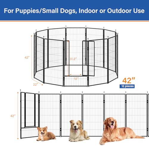 Dog Playpen 42 inch 12 Panels for Indoor & Outdoor Use – Heavy-Duty Metal Pet Fence with Ground Stakes, Rounded Ball Tops for Safety, Stable & Foldable Design, Easy to Assemble - size: 42inch, style: 12 Panels