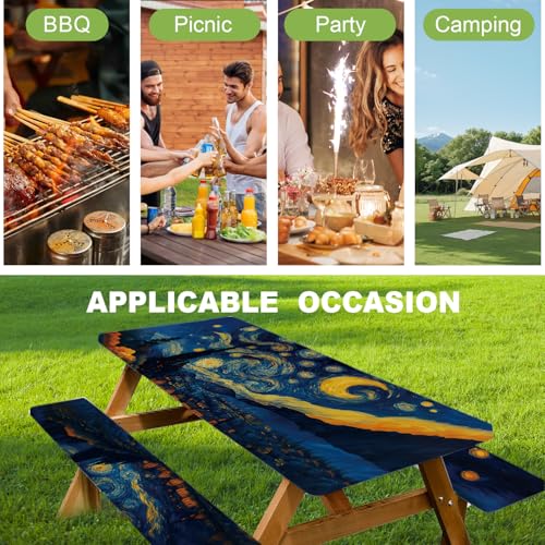 ANNA QUEEN Artistic Starry Night 6FT Picnic Table Cover with Bench Covers Set of 3 with Drawstring Bag, 72"x30" Waterproof Fitted Picnic Tablecloth & Bench Seat Covers for Outdoor Camping Patio - color: #50