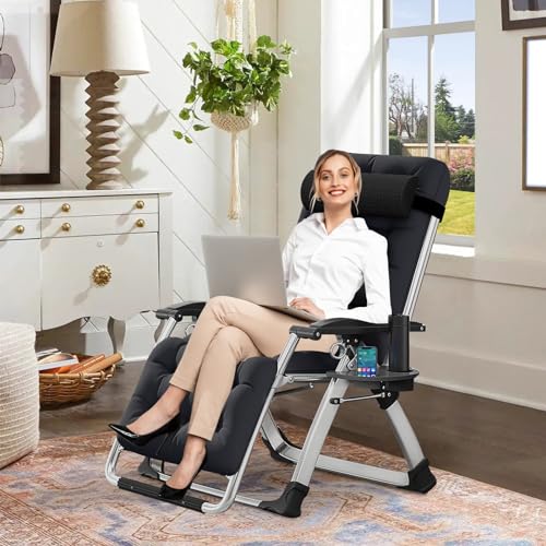 DoCred Comfy Folding Recliner Chair - Bedroom & Living Room, Patio Lounge Chair with Removable Cushion for Indoor Outdoor - color: Black
