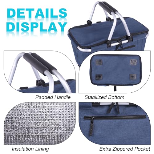 Picnic Basket, SIYUAN Collapsible Shopping Basket with Lid 27L Large Market Basket with Handles Reusable Folding Grocery Basket Insulated Cooler Bag for Picnic Travel, Blue - color: Blue