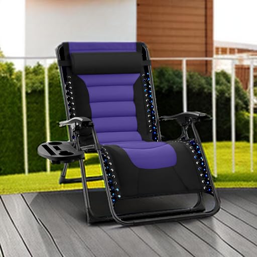 Best Choice Products Oversized Padded Zero Gravity Chair, Folding Outdoor Patio Recliner, XL Anti Gravity Lounger for Backyard w/Headrest, Cup Holder, Side Tray, Polyester Mesh - Black/Purple - color: Black/Purple