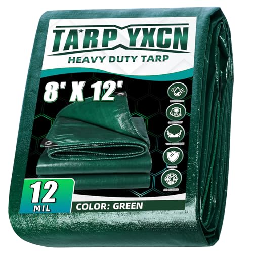 Green Heavy Duty Tarp 8x12 Feet, 12 Mil Thick Waterproof Poly Tarps Cover UV Resistant, Rip & Tear Proof with Metal Grommets Every 20 Inche - color: Green, size: 8x12 Ft