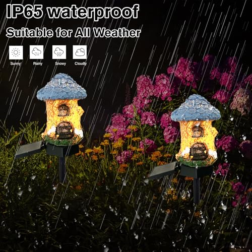 Mushroom Solar Lights Outdoor, Waterproof Fairy Houses Light Mushroom Garden Decor Decorative Solar Powered Garden Stake Lights for Outside Lawn Walkway Patio Yard (Bunkhouse) - color: Brown
