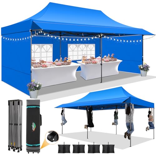 COBIZI 10x20 Pop Up Canopy Tent with Awning & Sidewalls, Heavy Duty Commercial 10X20 Canopy Tents Instant Waterproof, UPF 50+ Sun Shade for Outdoor, Parties, Markets (Blue) - color: Blue, size: 10x20FT with 4 Sidewalls & 1 Awning Cloth
