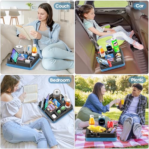 Couch Cup Holder Tray Couch Cup Holder Pillow Bed Tray Snack Sofa Bed Caddy Organizer Beach Sofa Drink Holder Anti-Spill Portable Snack Caddy Couch Remote Holder for Phone Pad Kindle Beverage Blue - color: Blue