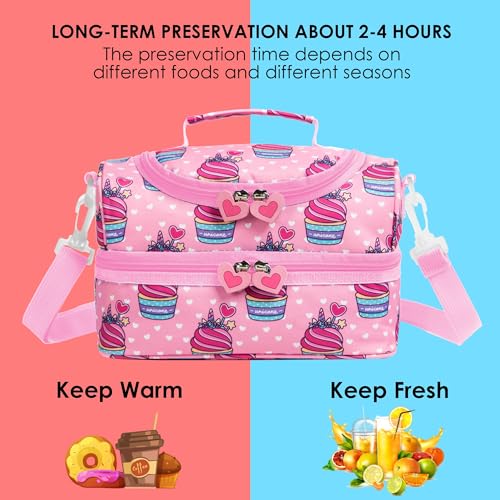 Insulated Kids Dual Compartment Lunch Bags Tote for Girls Boys Toddler Lunch Boxes Pre-School Toddler Kindergarten Picnic Camp Food Cooler Thermal with Strap (Pink Unicake) - color: Pink Unicake