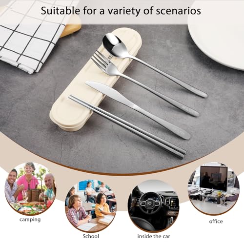 Travel cutlery set, 18/8 stainless steel cutlery, Reusable utensils set with case, Portable Silverware Lunch Box for Camping and Office-Stainless steel - color: Natural Color