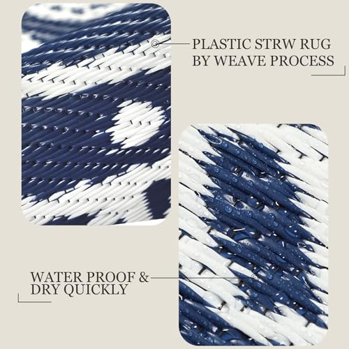 famibay 6 Ft Round Boho Outdoor Plastic Straw Rug, Waterproof, Portable, Reversible, UV-Resistant, Patio, Porch, Camping, Dark Blue - color: Dark Blue, size: Round 6ft