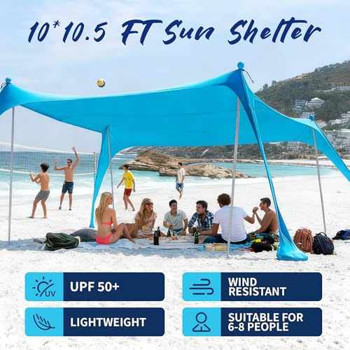 AMMSUN Beach Tent Sun Shelter, 10x10.5 FT Beach Canopy Tent Sun Shade with 4 Sand Anchor & Sand Bags | UPF 50+ Protection | 4 Thickened Poles | Windproof & Lightweight for Camping, Sky Blue - color: Sky Blue, size: 10x10.5 FT (4 Pole)