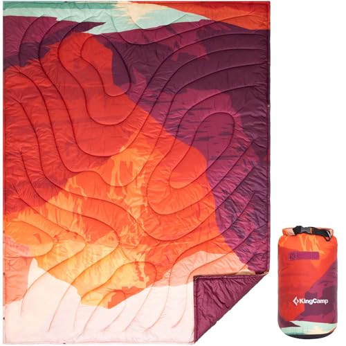 KingCamp Ultralight Camping Blanket, Packable Down Alternative Puffy Printed Wearable Blanket with Snap Buttons & Corner Loops Weatherproof Quilt for Outdoor Travel Stadium (78.7"L x 57.1"W, ORANGE) - color: Scenictrail-orange, size: 79" x 57"