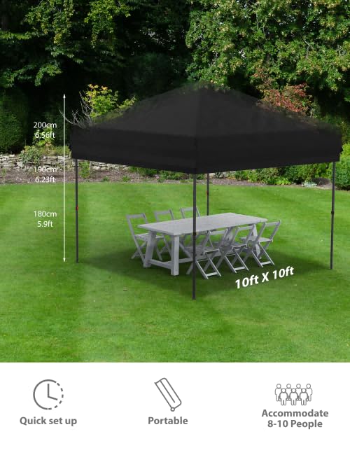 10x10 Pop Up Canopy with Removable 4 Sidewalls - Easy Up Camping Tent with One Button Push Setup - 1 Roller Bag, 3 Adjustable Height, 4 Weight Bags for Deck, Garden, Sports, Beach, Party - Black - color: Black