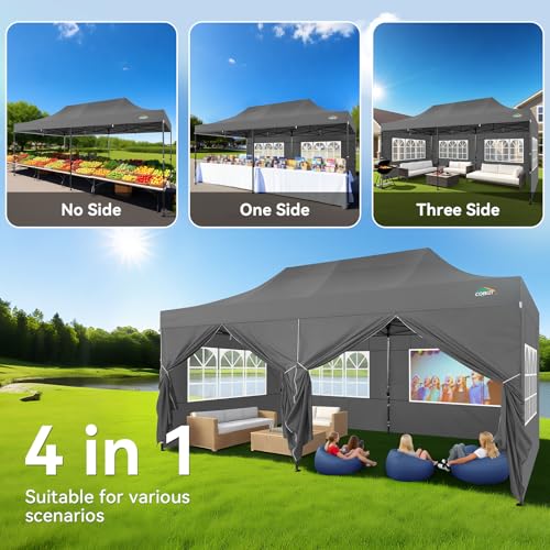 COBIZI 10x20 Heavy Duty Pop Up Canopy Tent with 6 Sidewalls Thicken Frame, Commercial Easy Up Outdoor Wedding Party Tents, All Season Waterproof Windproof with Stakes Sandbags Ropes Roller Bag, Gray - color: Gray, size: 10x20