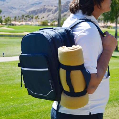 Bold Picnic Backpack with Blanket for 4 - color: Navy/White With Gingham