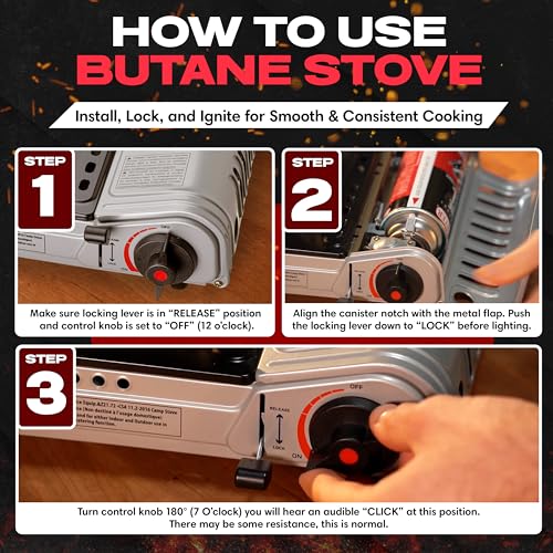12,000 BTU Portable Butane Camping Stove with 4 x 8oz. Butane Fuel Canister Combo, Double Wind-Guard Portable Stove w/Carry Case for Road Trips, Camping, Tailgating & Emergencies by Chef Master 90235 - size: Stove with Fuel