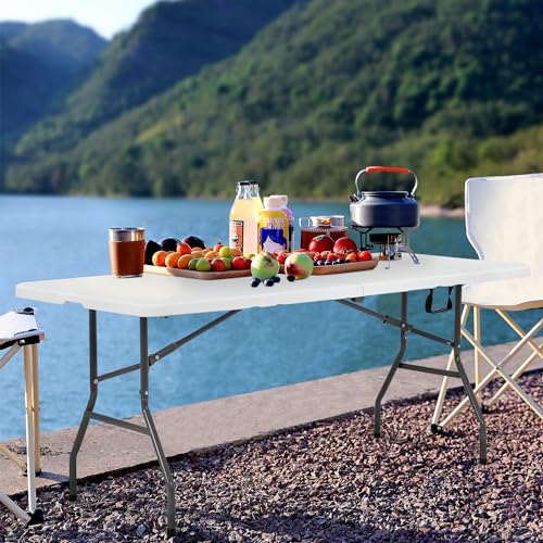 PayLessHere | 6FT Folding Table | Portable Plastic Table with Carry Handle | Waterproof & Foldable Table Design | Steel Frame with Lock | White | for Events, Camping, Indoor & Outdoor Use - color: White, size: 6 FT