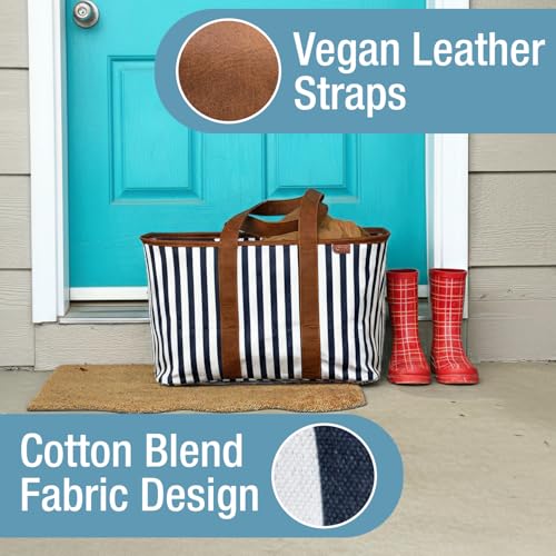 CleverMade Collapsible LUXE Tote, 30L Foldable Grocery Shopping Bag, Reusable - color: Navy Stripe