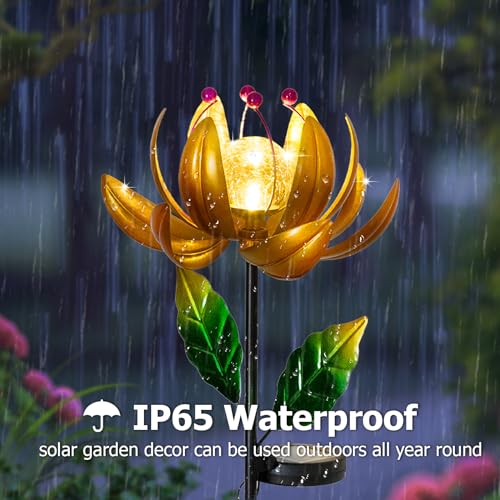 Solar Lights Wind Spinners for Yard and Garden - Metal Lotus Flower Windmills LED Crackle Glass Globe Outdoor Garden Decor Yard Art Lawn Ornament - color: Gold