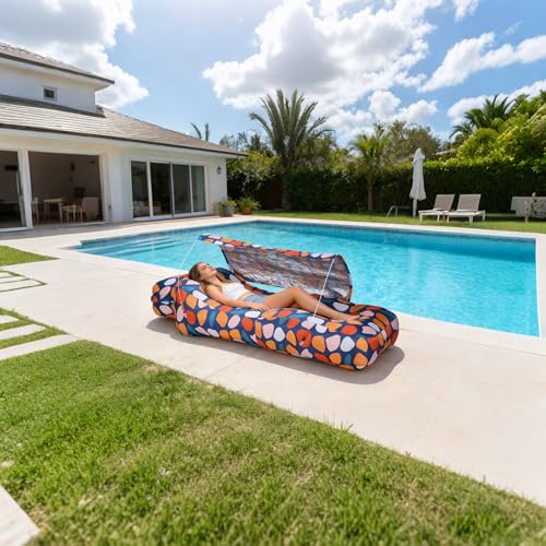 Inflatable Couch,Air Sofa with Sun-Shade Design,Built-in Storage,Ripstop Polyester&Stability Pegs,Portable Air Lounger for Beach,Easy to Carry,2 Inflation Ways(Included Pump) Colorful White - color: Colorful White