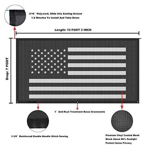 Tentproinc RV Awning Sun Shade Screen 7' X 13' 3'' (Fit for 14' Awning) Black Mesh Sunshade for Motorhome Camper Trailer Awning Shade Screen UV Blocker (American Flag) - color: Flag-Black, size: 7' x 13'3'' -Actual Measurement