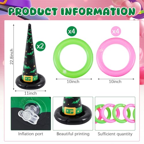 Leitee 10 Pcs Inflatable Witch Hat Ring Toss Game Set Carnival Pink and Green Inflatable Ring Toss for Witch Themed Birthday Party Decoration Indoors Outdoors