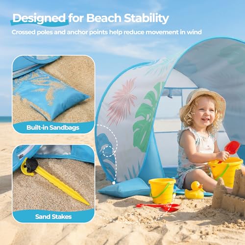 Pop Up Baby Beach Tent - Baby Tent for Beach Essentials with UPF 50+ UV Protection, Portable Sun Shade Canopy Summer Outdoor for Infants (Tropical Leaves) - color: Tropical Leaves