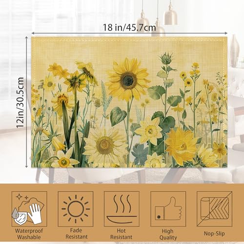 Placemats12x18 Inch,Yellow Floral Placemats,Sunflower Daisy Kitchen Dining Coffee Table Mats Set of 6 for Home Indoor Outdoor Party - color: Yellow Floral,sunflower Daisy