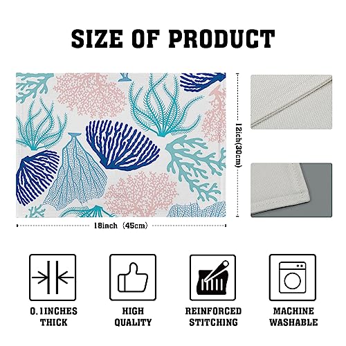 Summer Ocean Coral Placemats Set of 4,Blue Pink Coral Reef Linen Table Place Mat 12x18 in, Nautical Coastal Seaweed Heat-Insulation Non-Slip Placemat for Dining Kitchen Decor - color: Coral