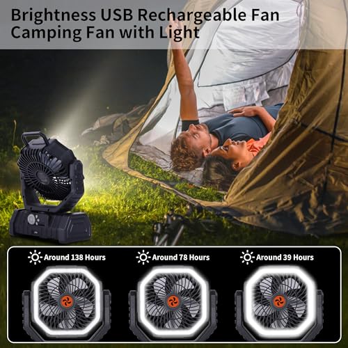 𝟐𝟎𝟎𝟎𝟎𝐦𝐀𝐡 Rechargeable Fan Portable,𝟏𝟑𝐈𝐧Battery Powered Camping Fan with Light,Workup 𝟔𝟎𝐇 & 𝟖𝐇 Timer & Remote,Auto Oscillation Battery Operated Fans Portable for Camping - Hanging Hook - color: Black