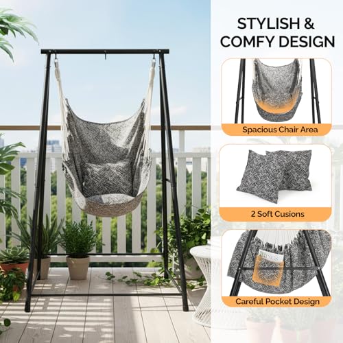 ONCLOUD Stylish Hammock Chair with Stand for Indoor & Outdoor Use, Boho Style Hammock Perfect for Patio, Balcony, Garden and Living Room, Heavy Duty 660 LBS with Cushion (Full Set) - style: Full Set