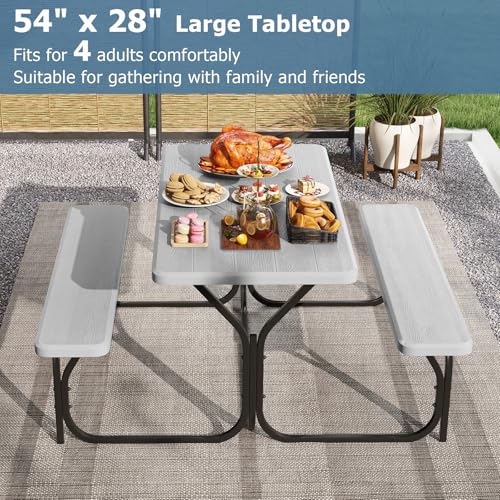 Moccha Picnic Table Bench Set - Portable Plastic Picnic Table w/Steel Frame & Wood-Like Texture, All Weather Heavy Duty Picnic Table Kit, Picnic Tables for Outdoors Garden Patio Party Dining (Grey) - color: Grey