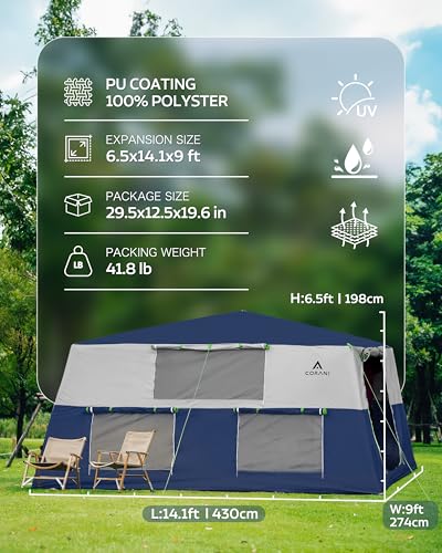 CORANI 14.1'x6.5'x9' Inflatable Tents for Camping, Portable 6/8/10 Person Blow Up Air Tent, Waterproof Windproof Easy Setup Large Family Tent with 2 Doors, 6 Windows, Mosquito Screen - color: Navy Blue, size: 10 person 14.1x9ft