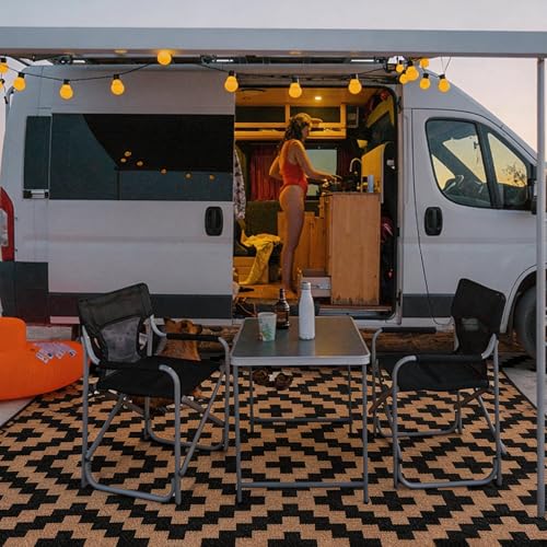 Outdoor Rugs, Outdoor Plastic Straw Rug, Reversible Waterproof Carpet for Camping, Poolside, Garden, BBQ Area, Gazebo Flooring, RV Park & Beach, Square Pattern, Black & Brown, 6'x9' - color: Square Frames - Black & Brown, size: 6' x 9'