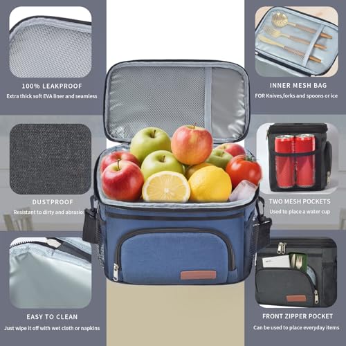 ExtraCharm Insulated Lunch Bag for Women/Men - Reusable Lunch Box for Office Picnic Hiking Beach - Leakproof Cooler Tote Bag Organizer with Adjustable Shoulder Strap for Adults - Blue - color: Azure Blue
