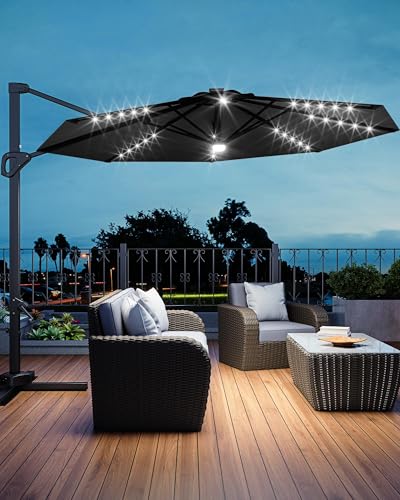 9ft Outdoor Patio Umbrella Heavy Duty 8 Ribs, Waterproof UV Protection Sun Shade with Crank Lift & Push Button Tilt, Outdoor Umbrella for Deck, Pool, Garden, Backyard, Lawn - color: Gray&Round-Lights, size: 10FT Roman