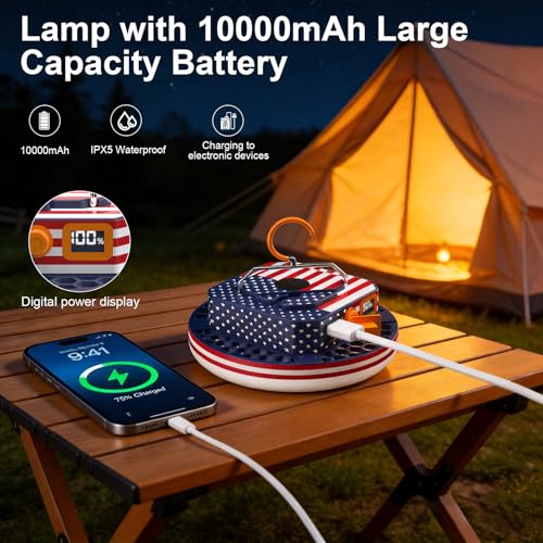 IODOO 10000mAh Rechargeable Camping Light with Remote , US Flag Print American Flag Light for Outdoor Camping Hiking Emergency Power Failure (30W(US Flag Style)) - size: 30W(US flag style)