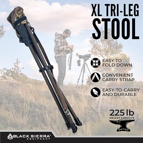 Black Sierra Folding Hunting Stool w/Shoulder Strap Supports 225 lbs, Lightweight Collapsible Tripod Seat, Foldable Steel Frame Chair Perfect for the Hunting Blind, Fishing, Hiking, Travel - color: Axs Ranger Camo