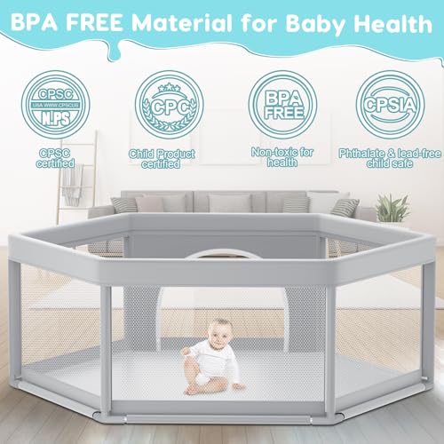 Fshibila 65" ×65" Hexagonal Baby Playpen, Baby Playard for Babies and Toddlers, BabyFence Play Pens for Indoor & Outdoor, Sturdy Safety Play Yard with Soft Breathable Mesh, Anti-Fall, Grey - color: Grey, size: 65 x 65 IN Hexagonal