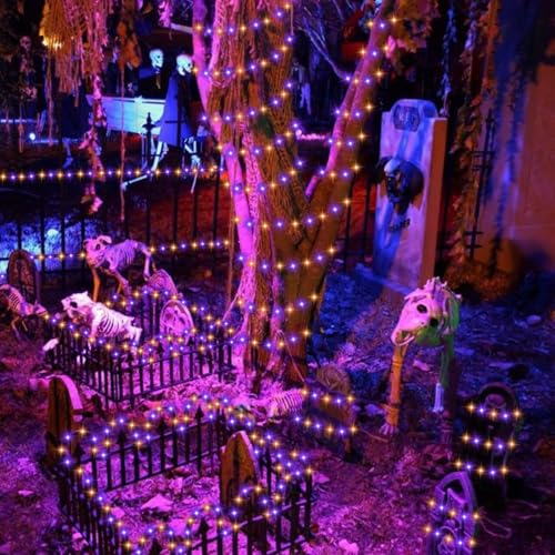 YEGUO Orange and Purple Halloween Lights Outdoor Waterproof, 4 Packs Each 33ft 100 LED Solar Fairy Light,8 Modes Black Wire String Lights - color: Orange and Purple