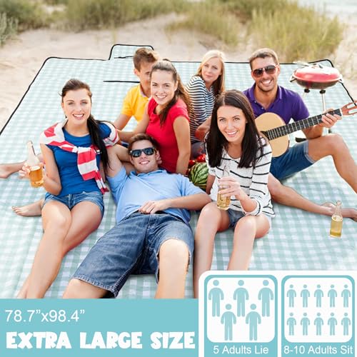 80" x 100" Extra Large Picnic Blankets Beach Mat Sandproof Waterproof Foldable Oxford Blanket Beach Mat Picnic Stuff for Family Camping Hiking Party Park Grass (Green and White,Plaid) - color: Green and White, style: Plaid