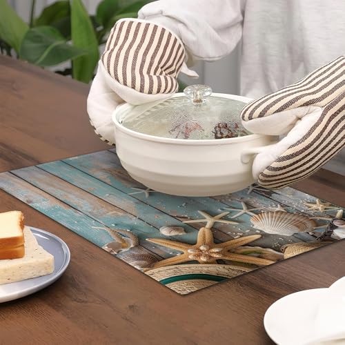 Beach Themed Placemats Set of 6,Blue Wooden Waterproof Non-Slip Washable Table Mats for Kitchen Dining Holiday Party Wedding Decor 12x18 Inch - color: Beach Themed,blue Wooden