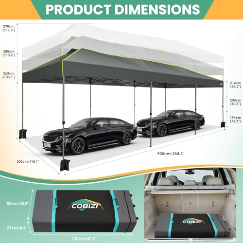 COBIZI 10x30 Pop Up Canopy Tent, Wedding Party Tent with 8 Sidewall One Push Setup Glow, 3 Adjustable Height Air Vent Waterproof UPF50+, Wheeled Bag, Sandbag, Stake, Rope for Commercial, Outdoor - color: Gray, size: 10x30 with 8 Sidewalls