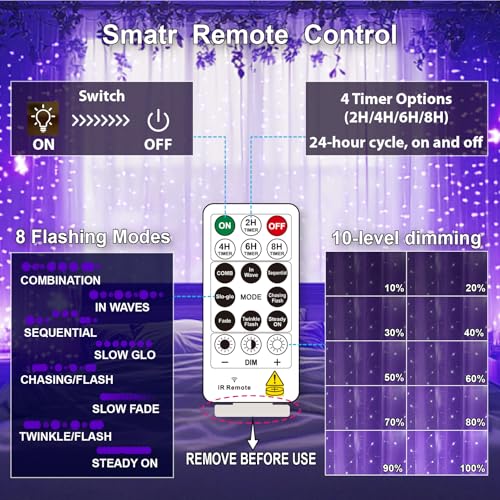 HXWEIYE 300LED Fairy Curtain Lights, 9.8x9.8Ft USB Plug-in 8 Modes Christmas String Hanging Lights with Remote for Bedroom Backdrop Wedding Indoor Wall Decor, Purple, Standard – 1 Pack - color: Purple, size: Standard – 1 Pack