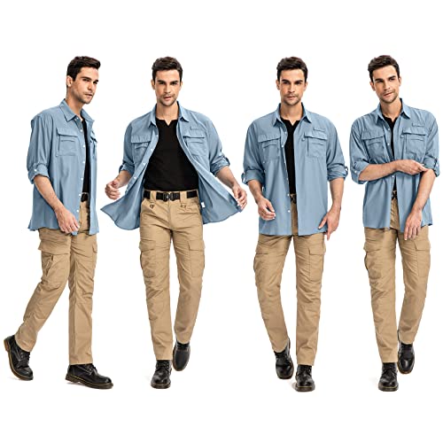 Mens Safari Shirts Long Sleeve UV Protection Hiking Fishing UPF 50+ Quick Dry Camping Travel Shirts - color: Blue, size: Medium