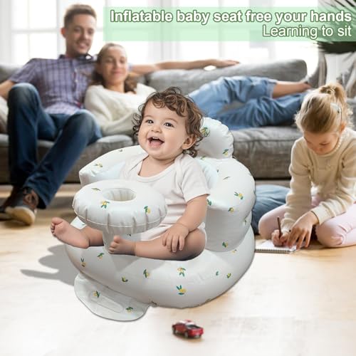 Inflatable Baby Seat for Babies 3-36 Months, Baby Chair with Fence & Built in Air Pump, Blow Up Floor Baby Seat with Back Support, Baby Chair Sit Me Up Olive-Tray - color: Yellow Olive-Tray