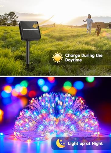 Minetom Solar String Lights for Outside, 33Ft 100 LED Outdoor Solar Fairy Lights, 8 Modes Balcony Lights for Tree Patio Christmas Party Wedding Decor (Multicolor) - color: Multicolor, size: 1 Pack
