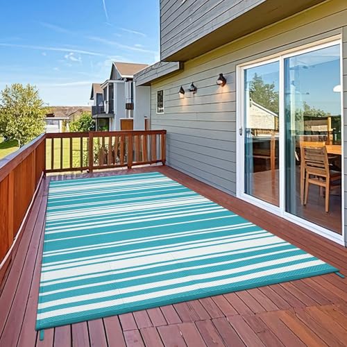 GarveeHome Modern Striped 9x12 Reversible Plastic Straw Outdoor Large Rug Geometric Lines Indoor Outdoor Rugs Stain Portable Outside Carpet for Camping Trailer Backyard Balcony Pool, Light Blue White - color: Geometric Stripes| Teal White, size: 9' x 12'