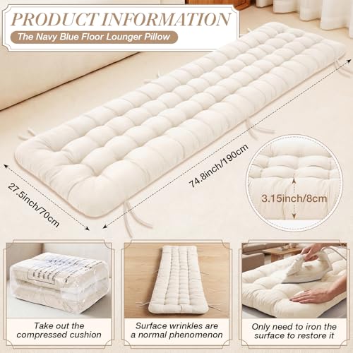 Wenqik Long Floor Cushion Large Floor Cushion with Brushed Cotton 74.8 x 27.5 x 3.15 in Jumbo Lounger Pillow for Outdoor Indoor Bay Window Meditation Yoga Reading Sleeping(White) - color: White