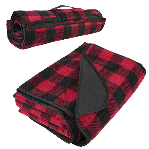 Tirrinia Large Waterproof Outdoor Blanket, Soft Warm Windproof Stadium Blanket with Sherpa Fleece and Foldable for Outdoor Sport, Baseball, Football, Beach, Concerts, Car - color: Red-black Plaid, size: 59" x 79"