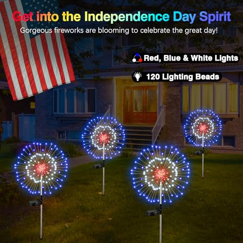 Lewondr 4th of July Firework Solar Garden Lights, Red Blue White Solar Firework Lights with 120 LED 2 Lighting Modes, Outdoor Waterproof Yard Lighting for Independence Day Memorial Day Decor, 4 Pack - size: 4 Pack, style: Firework